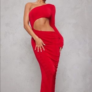 Red Acetate Slinky Cut Out One Shoulder Maxi Dress